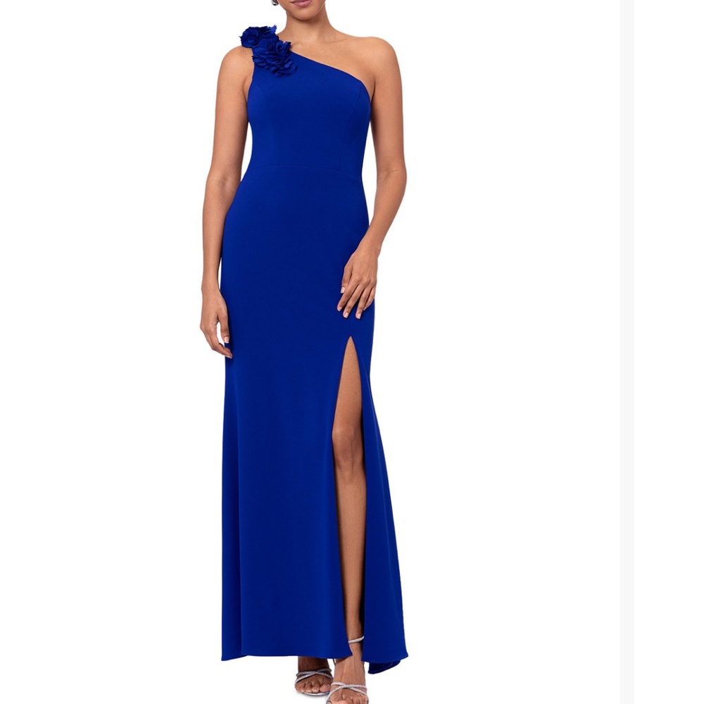 XSCAPE embellished one shoulder scuba gown.